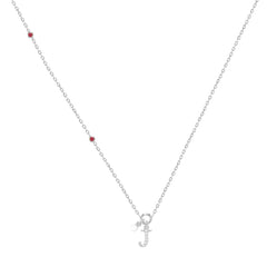 Sterling Silver Ladies 0.10CT Round/Ruby Diamond Pearl “J” Alphabet Necklace Elegant Initial Jewelry