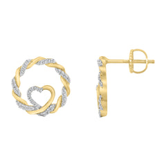 LADIES 10K YELLOW GOLD 0.15CT TWISTED CIRCLE ROUND DIAMOND HEART EARRINGS