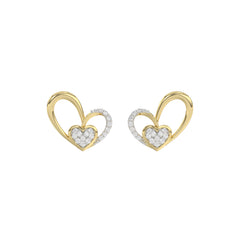 Elegant 10K Yellow Gold Fashion Earrings Featuring A Double Heart Design With 0.15 Ct Round Diamonds. A Romantic And Stylish Ladies Jewelry