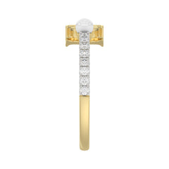 Stylish 10K Yellow Gold Ladies Ring Featuring Letter “H”, Luminous Pearl, And Round Diamond Accents. A Delicate 0.10Ct Fine Jewelry Piece.