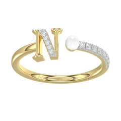 Women�S 10K Yellow Gold Letter �N� Diamond & Pearl Ring 0.10Ct Round Diamond Fine Jewelry