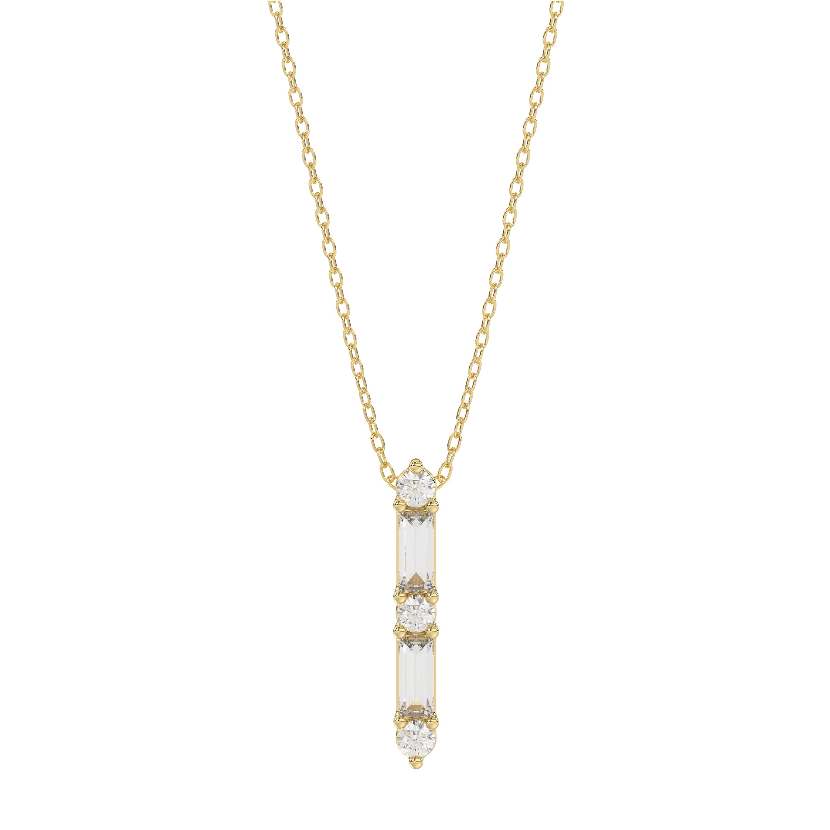 10K Yellow Gold 0.10Ct Diamond Pendant With Chain Featuring Round And Baguette Accents. A Simple Yet Sophisticated Ladies Fine Jewelry Piece.