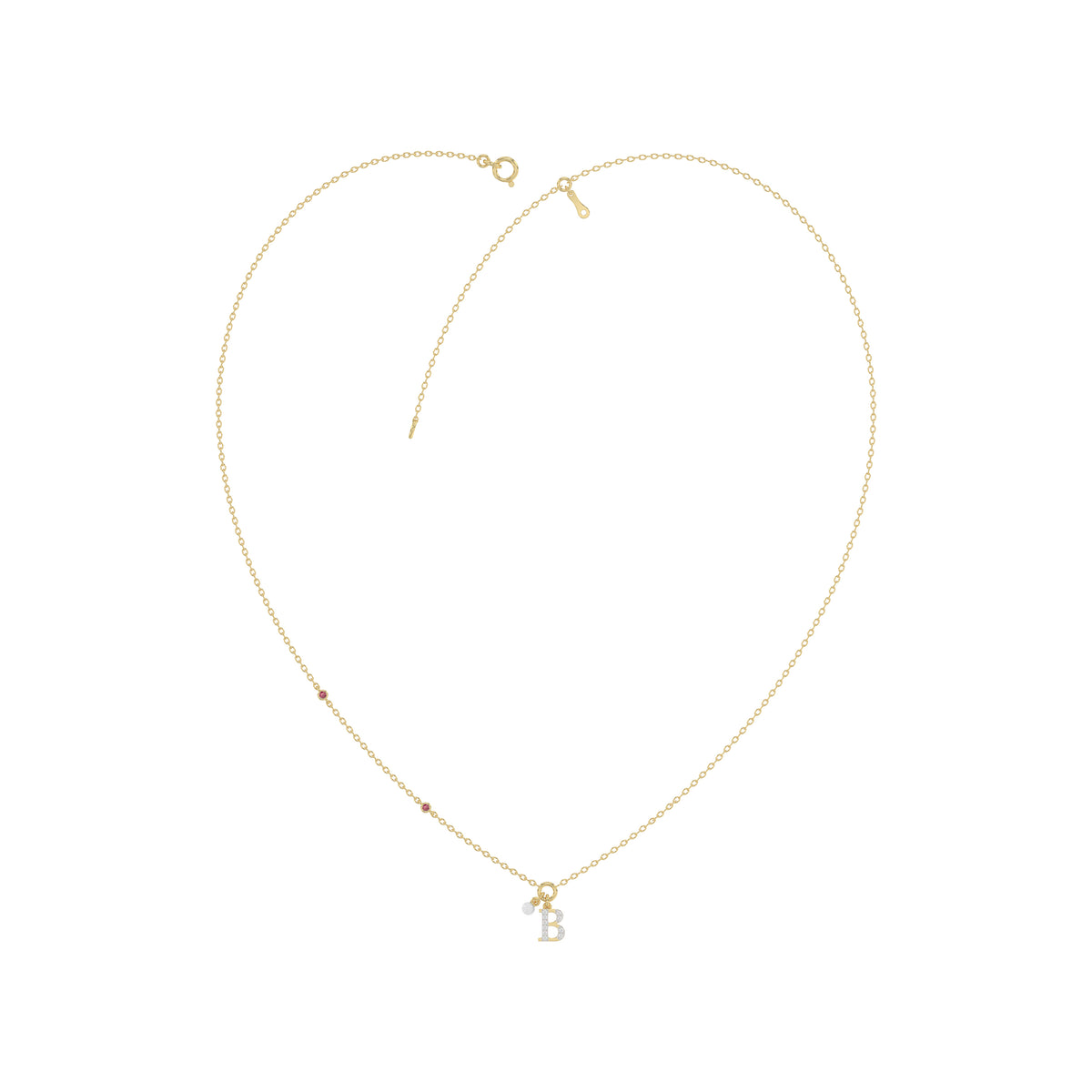 Stylish 10K Yellow Gold Ladies “K” Letter Necklace Featuring Round Ruby Diamonds And Pearl Accents. A Delicate And Personalized Fine Jewelry