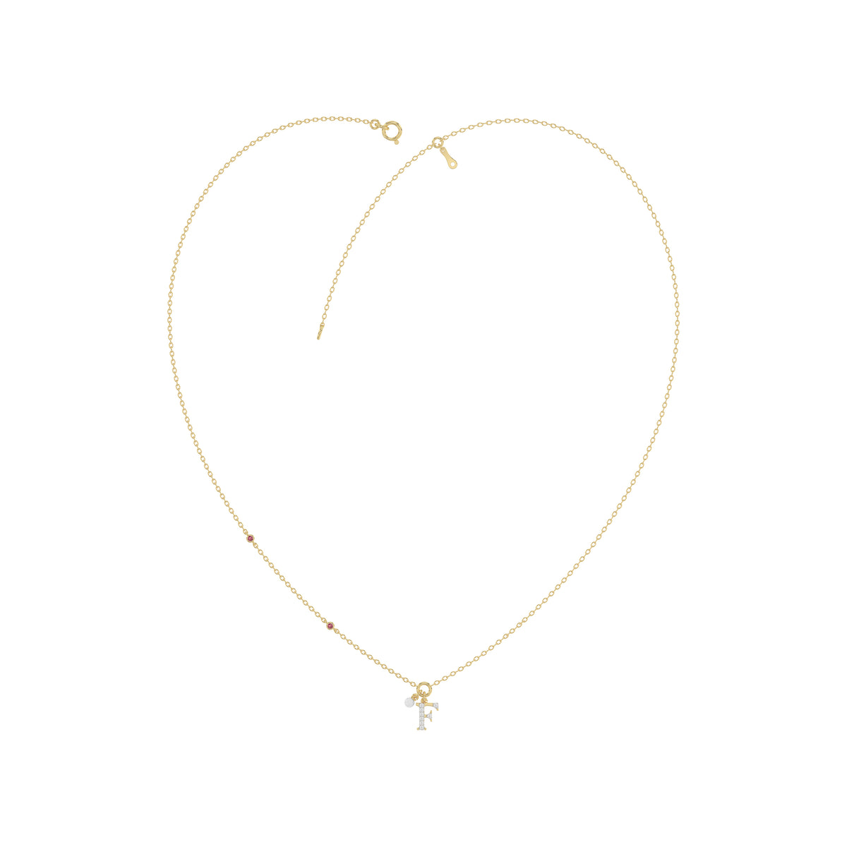 Stylish 10K Yellow Gold Ladies “F” Letter Necklace Featuring Round Ruby Diamonds And Pearl Accents. A Delicate And Personalized Fine Jewelry