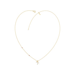 Stylish 10K Yellow Gold Ladies “P” Letter Necklace Featuring Round Ruby Diamonds And Pearl Accents. A Delicate And Personalized Fine Jewelry