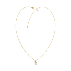 Stylish 10K Yellow Gold Ladies “R” Letter Necklace Featuring Round Ruby Diamonds And Pearl Accents. A Delicate And Personalized Fine Jewelry