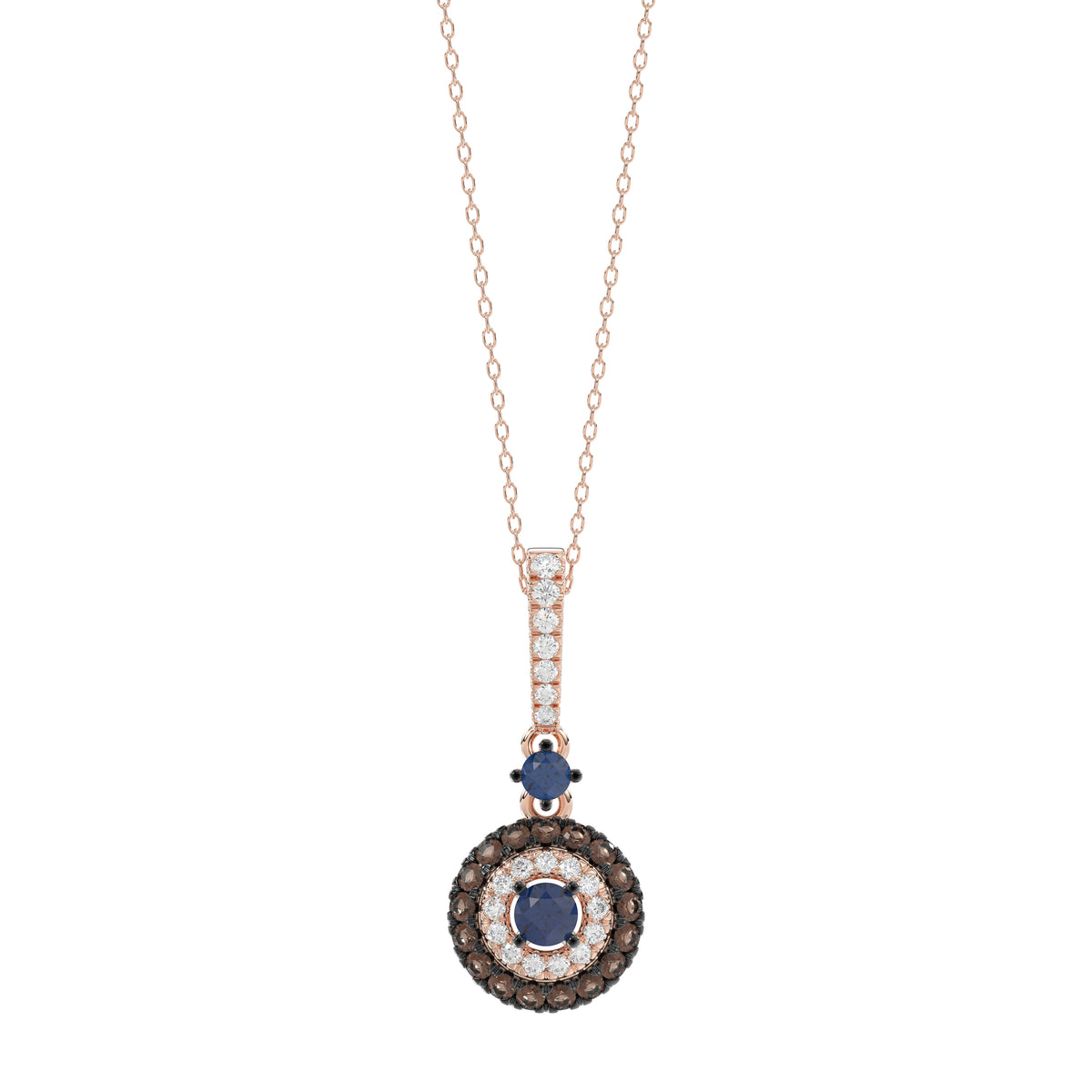 Luxury 14K Rose Gold Ladies Pendant With Chain Featuring Blue And Dark Brown & Round Diamonds. 0.50 Ct Elegant Jewelry Piece Perfect For Gifting.