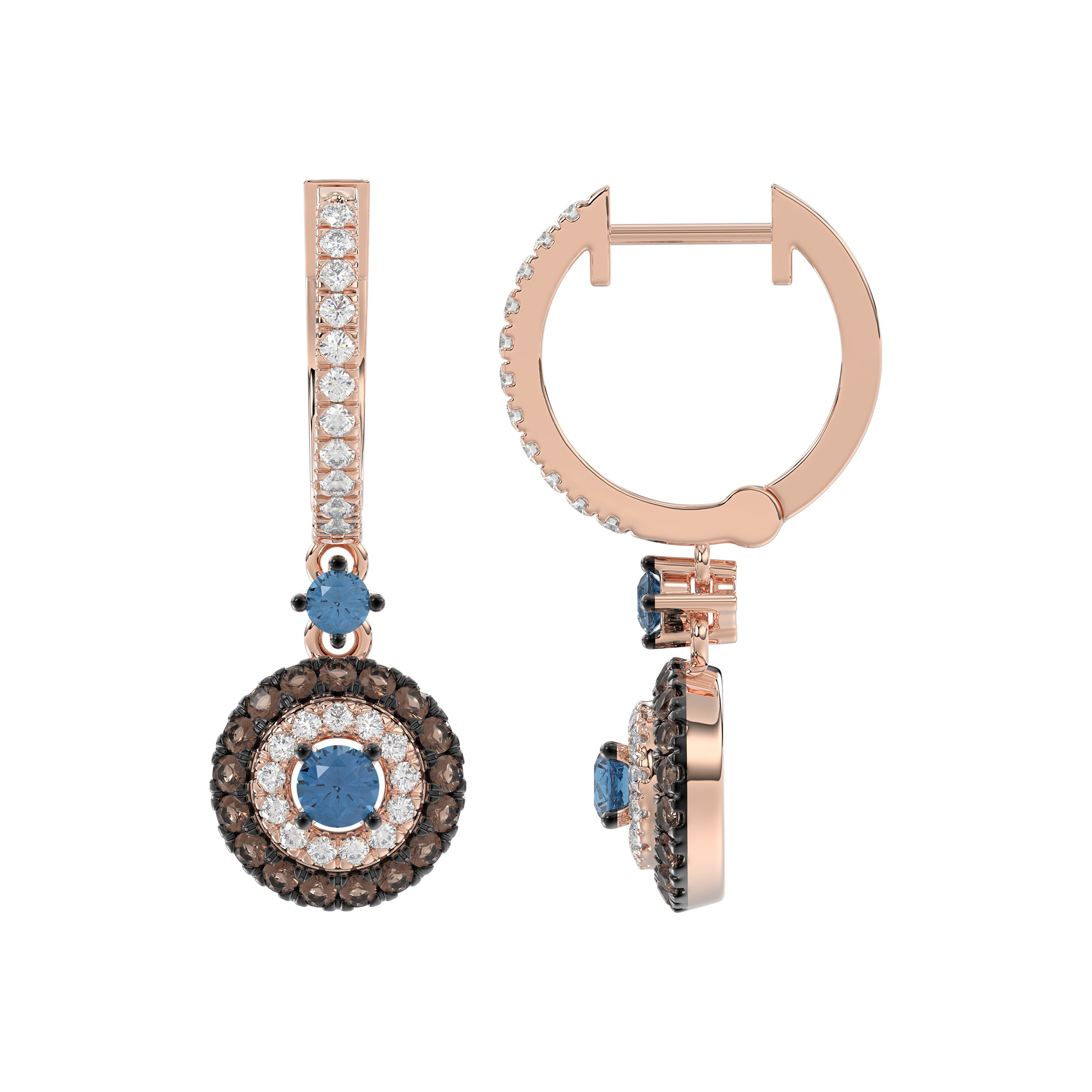 Beautiful 14K Rose Gold Ladies Hoop Earrings Featuring Multi-Color Diamonds In Blue And Dark Brown Shades.1.00 Ct Elegant Jewelry Design.