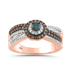 LADIES RING 0.75CT ROUND/BLUE/DARK BROWN 14K ROSE GOLD