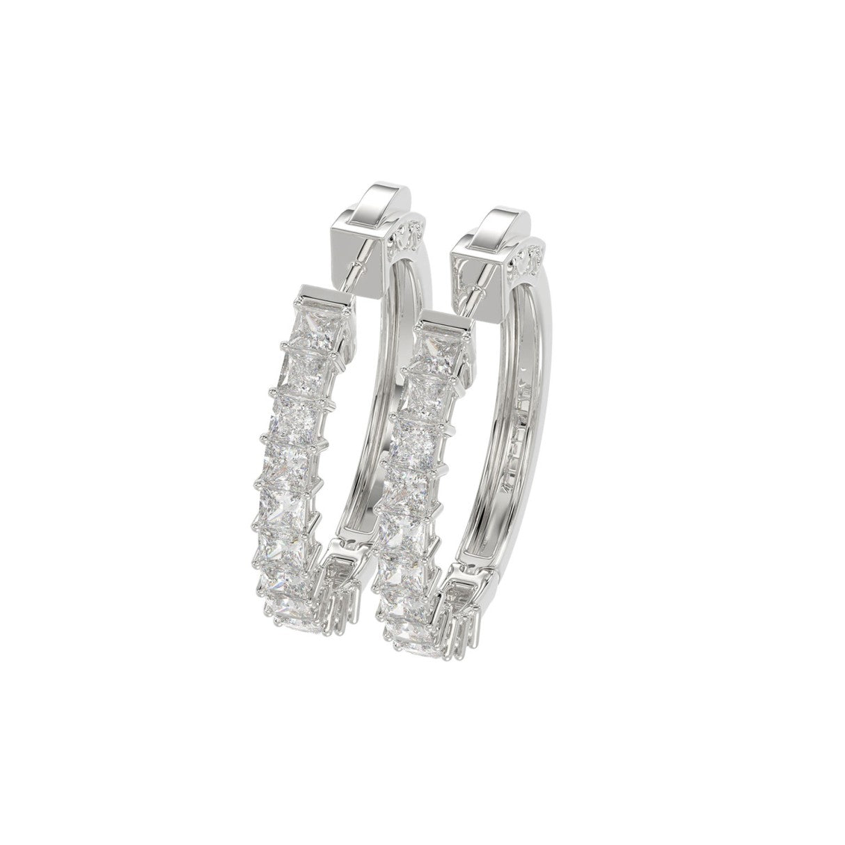 LADIES HOOP EARRINGS 2CT PRINCESS DIAMOND 14K WHITE GOLD