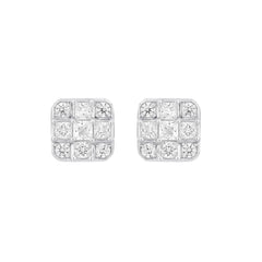 LADIES EARRINGS 1CT ROUND/PRINCESS DIAMOND 14K WHITE GOLD