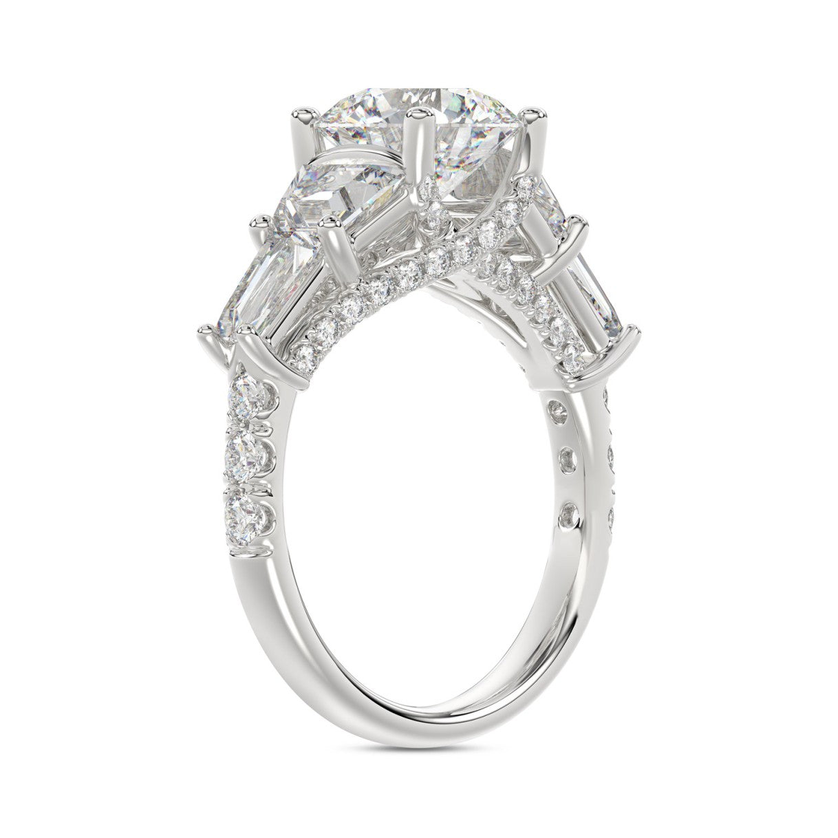LADIES RING 3 3/4CT ROUND/TRAPEZOID/BAGUETTE DIAMOND 14K WHITE GOLD (CENTER STONE ROUND DIAMOND 2CT )