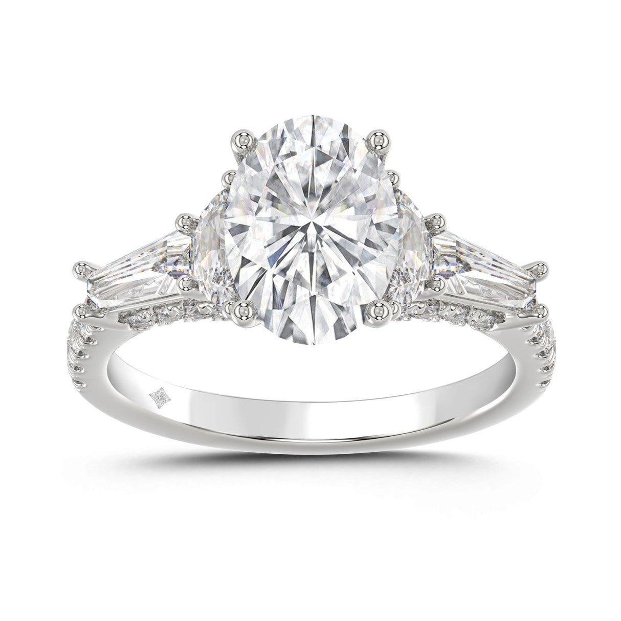 LADIES RING 3 1/2CT ROUND/HALF MOON/OVAL/TAPER BAGUETTE DIAMOND 14K WHITE GOLD (CENTER STONE OVAL DIAMOND 2CT )