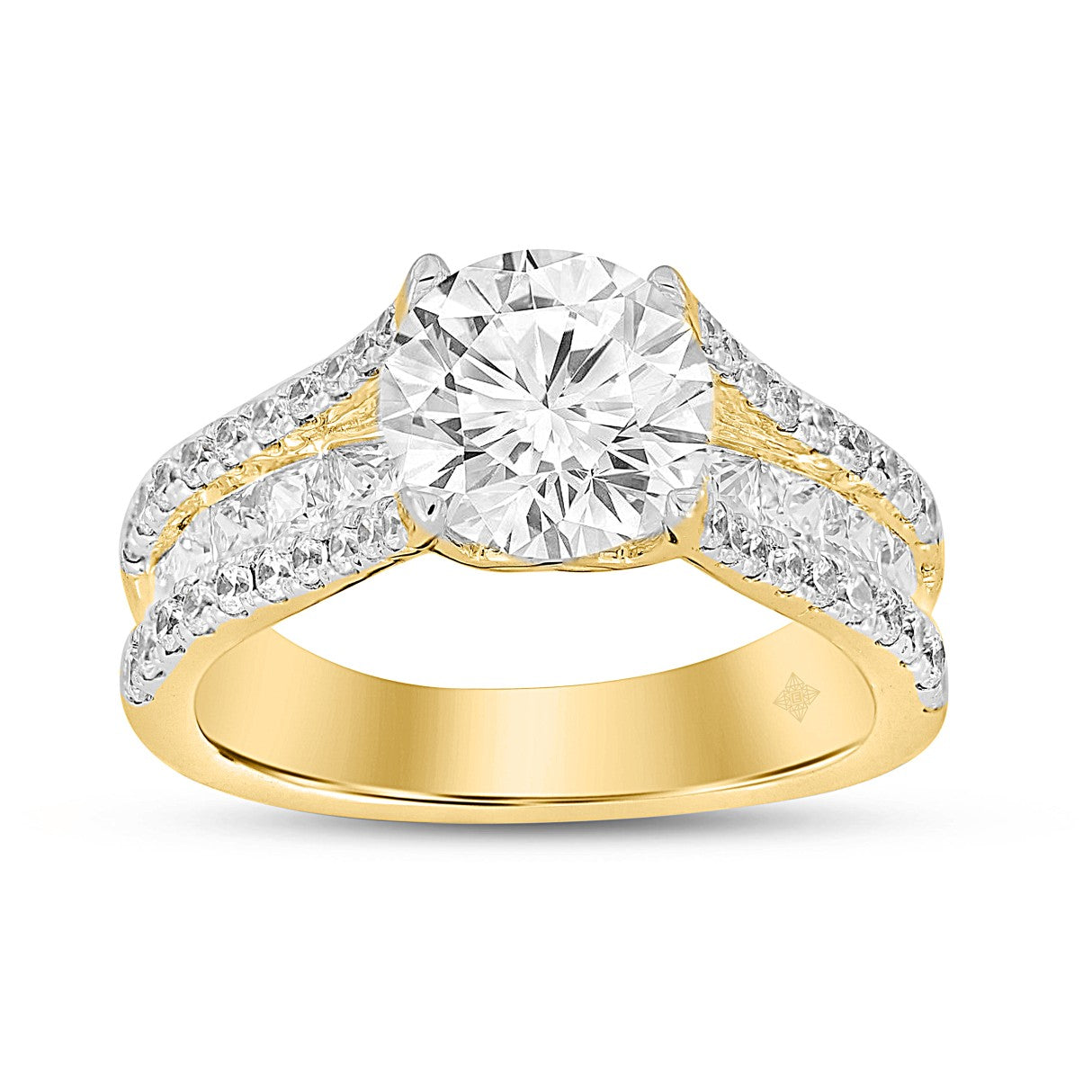 LADIES RING 3 1/2CT ROUND/PRINCESS DIAMOND 14K YELLOW GOLD (CENTER STONE ROUND DIAMOND 2CT )