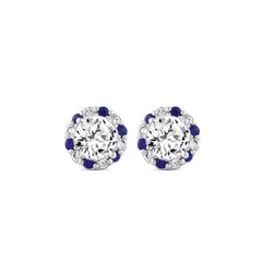 14K WHITE GOLD 2 5/8CT ROUND/ ROUND BLUE SAPPHIRE DIAMOND LADIES EARRING (CENTER STONE ROUND DIAMOND 2CT)