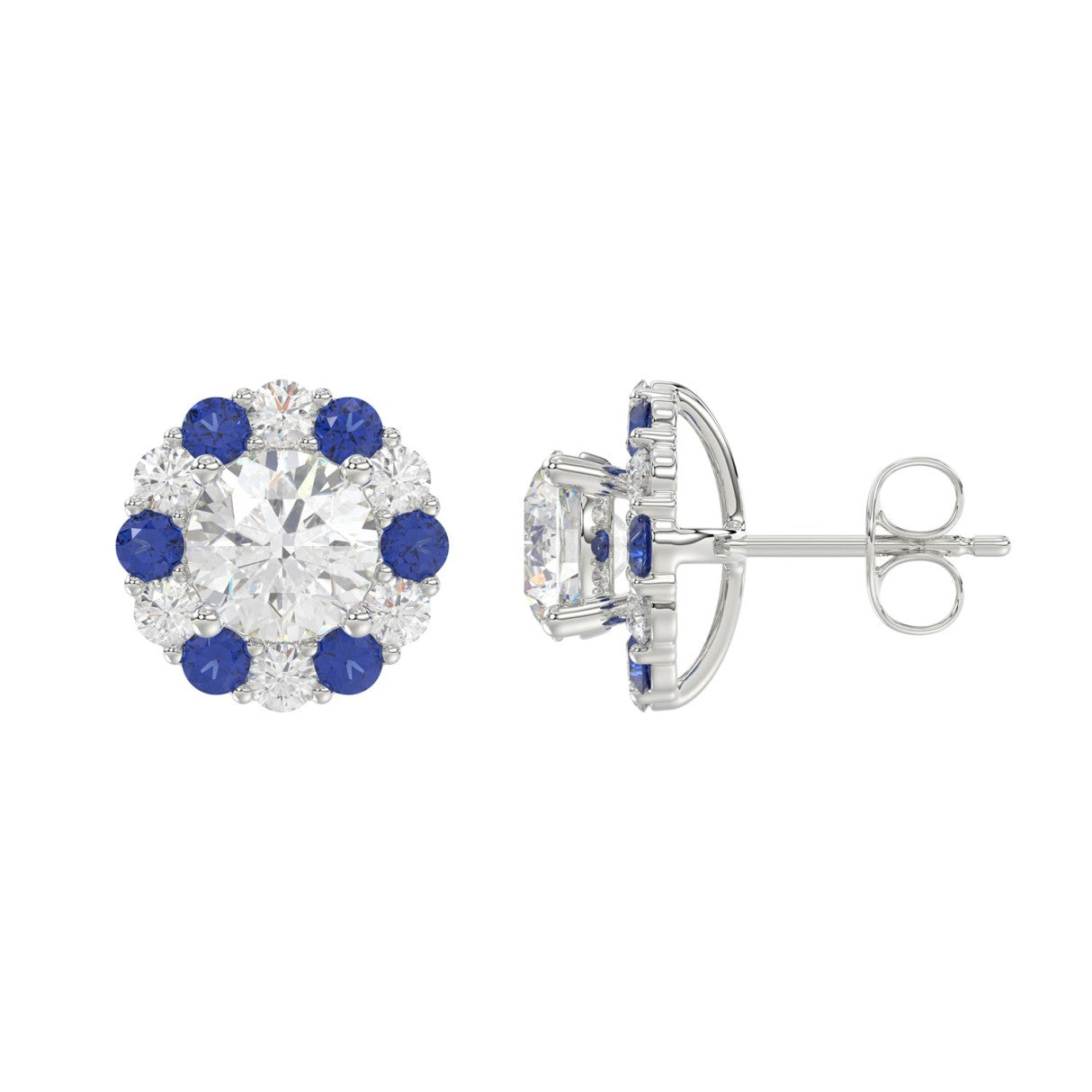 14K WHITE GOLD 2 5/8CT ROUND/ ROUND BLUE SAPPHIRE DIAMOND LADIES EARRING (CENTER STONE ROUND DIAMOND 2CT)