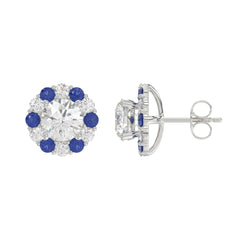 14K WHITE GOLD 2 5/8CT ROUND/ ROUND BLUE SAPPHIRE DIAMOND LADIES EARRING (CENTER STONE ROUND DIAMOND 2CT)