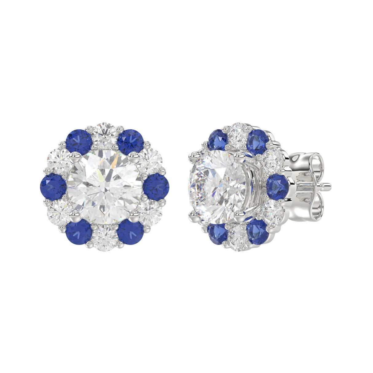 14K WHITE GOLD 2 5/8CT ROUND/ ROUND BLUE SAPPHIRE DIAMOND LADIES EARRING (CENTER STONE ROUND DIAMOND 2CT)
