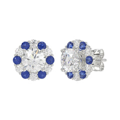 14K WHITE GOLD 2 5/8CT ROUND/ ROUND BLUE SAPPHIRE DIAMOND LADIES EARRING (CENTER STONE ROUND DIAMOND 2CT)