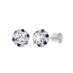 14K WHITE GOLD 2 5/8CT ROUND/ ROUND BLUE SAPPHIRE DIAMOND LADIES EARRING (CENTER STONE ROUND DIAMOND 2CT)
