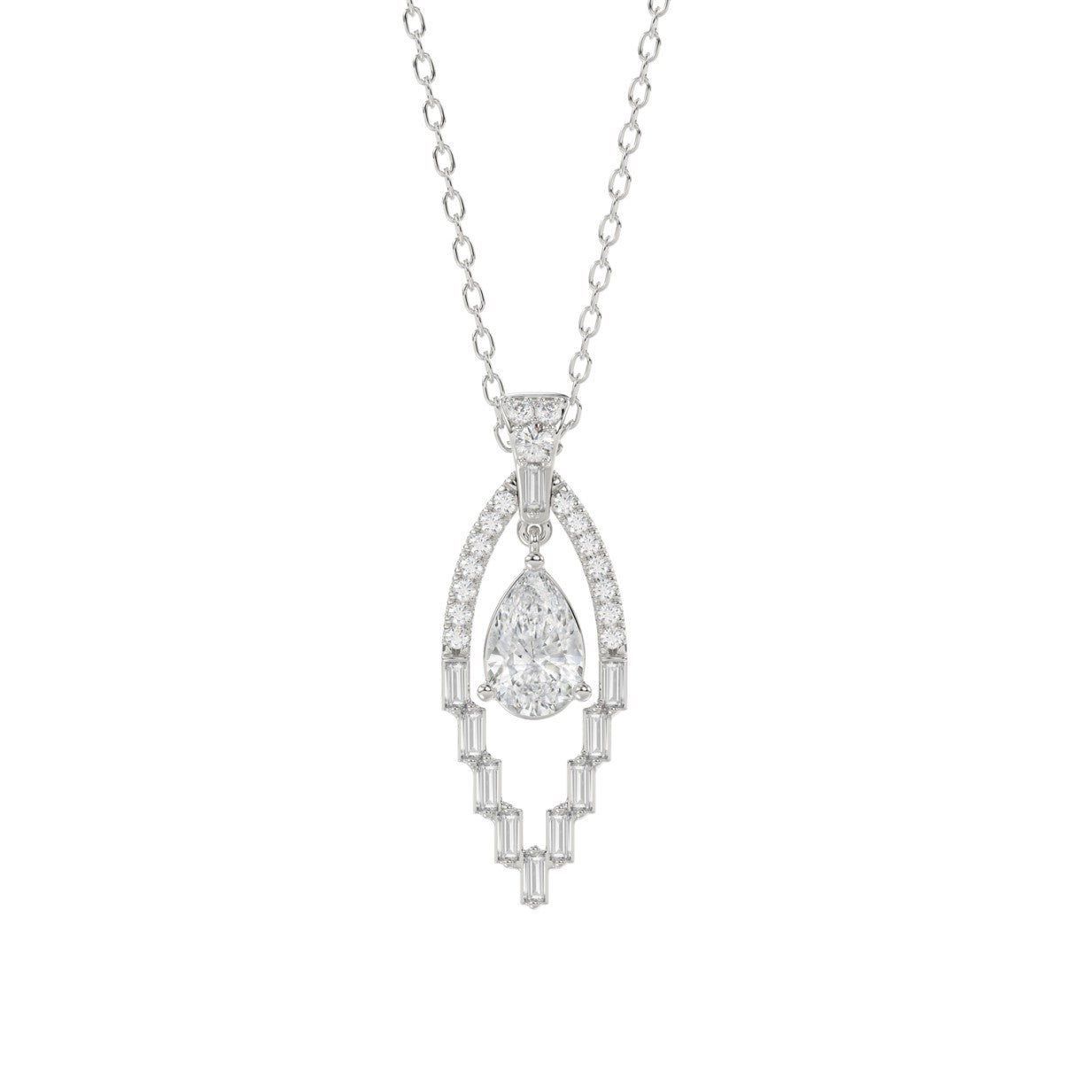 LADIES PENDANT 1 1/2CT ROUND/BAGUETTE/PEAR DIAMOND 14K WHITE GOLD 