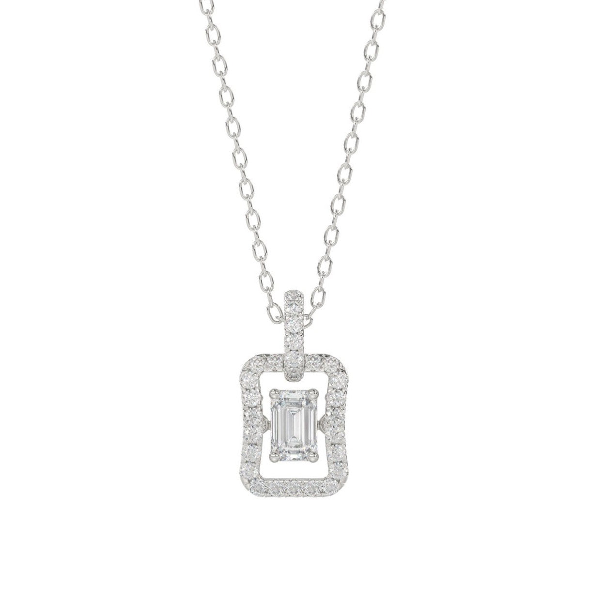 LADIES DANCING DIAMOND PENDANT WITH CHAIN 3/4CT ROUND/EMERALD DIAMOND 14K WHITE GOLD (CENTER STONE EMERALD DIAMOND 1/2CT)