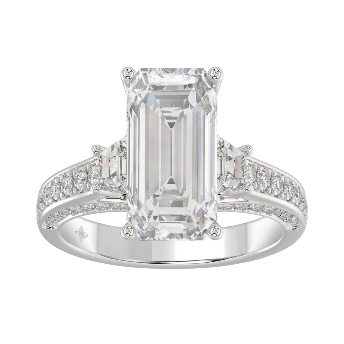 Luxury 14K White Gold Ladies Diamond Ring 4.00CT Round, Emerald &amp; Baguette Diamonds with 3.00CT Emerald  Center stone (Color F-G -Clarity VS1/VS2)