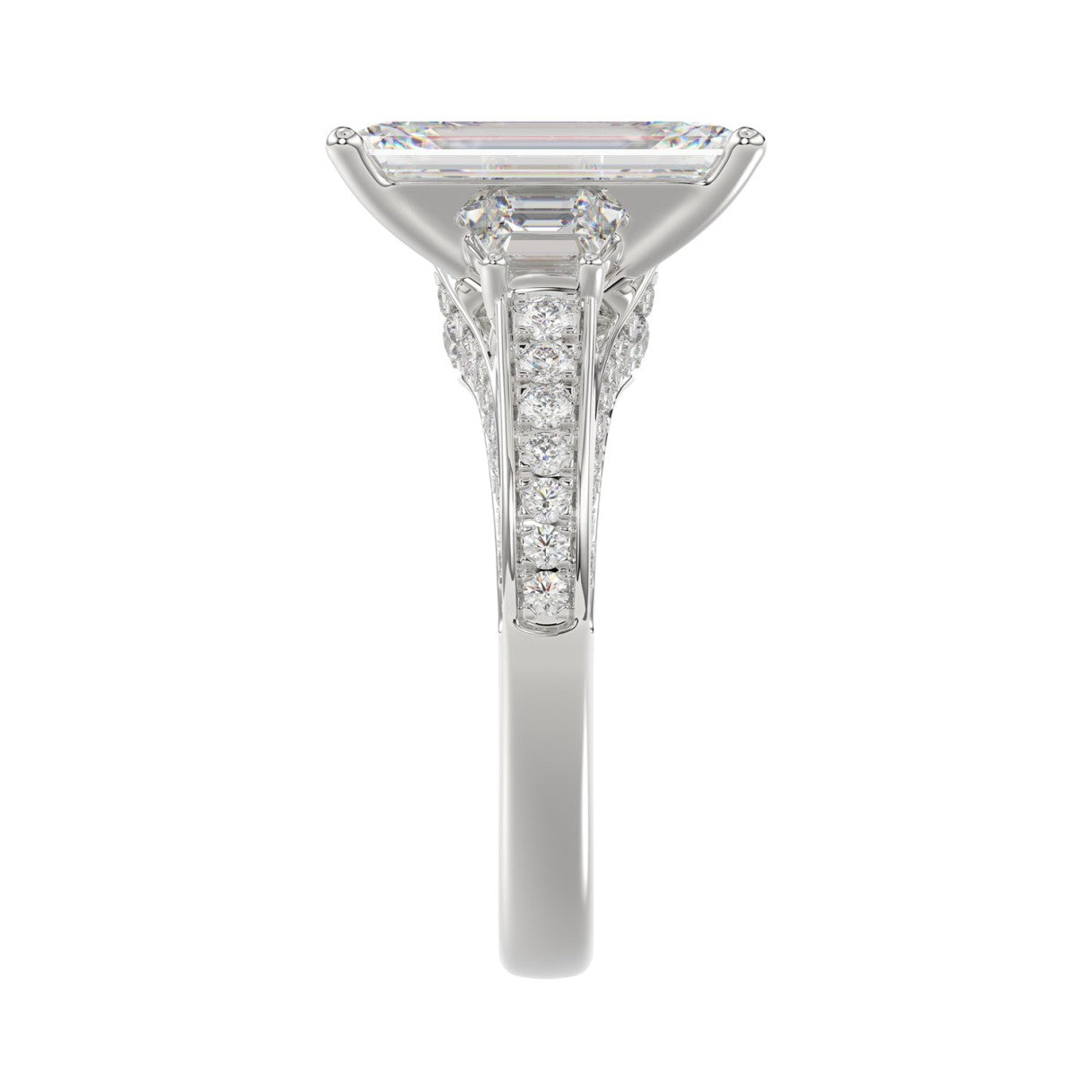 Luxury 14K White Gold Ladies Diamond Ring 4.00CT Round, Emerald &amp; Baguette Diamonds with 3.00CT Emerald  Center stone (Color F-G -Clarity VS1/VS2)