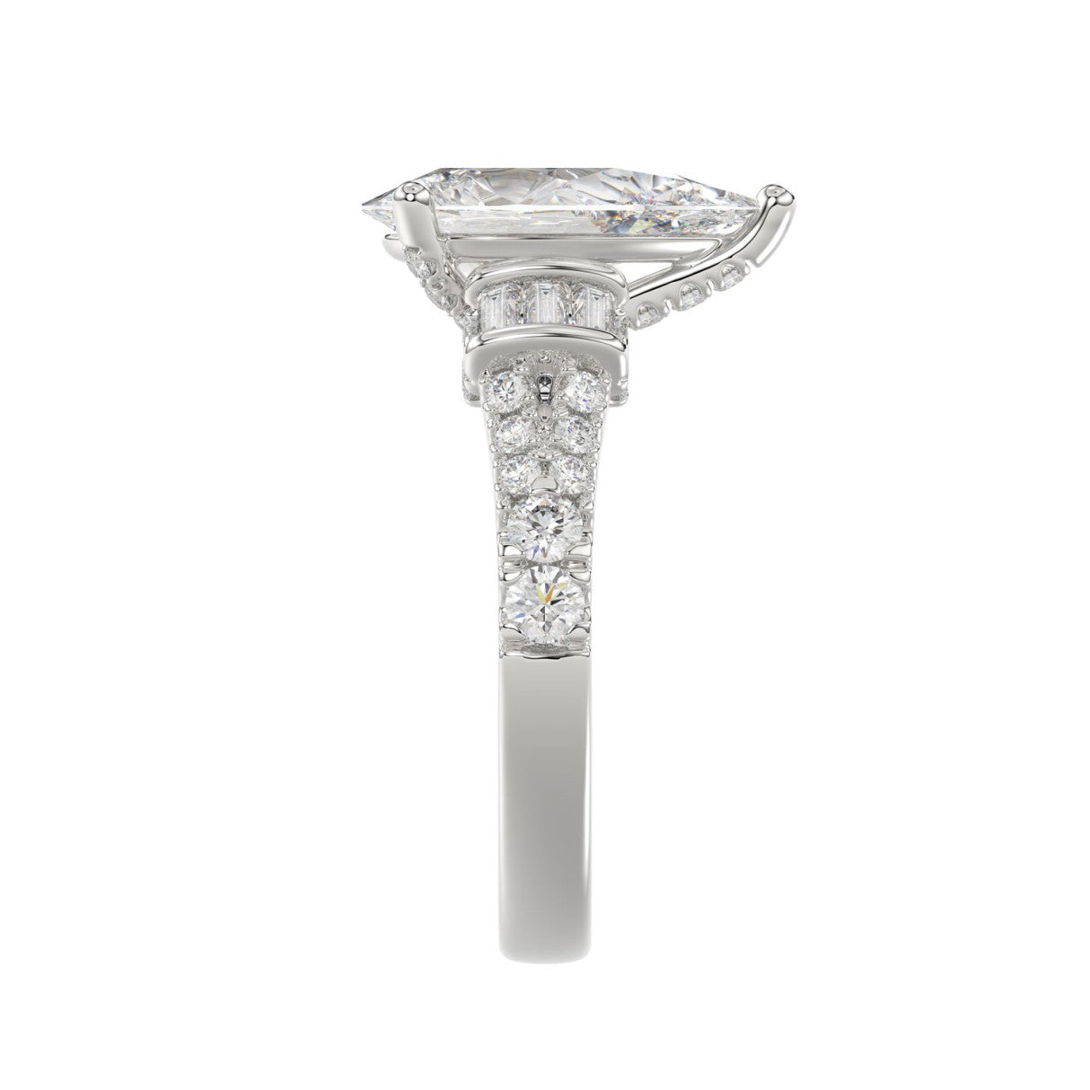 21K PLATINUM LADIES RING 2 3/4CT ROUND/PEAR/BAGUETTE DIAMOND (CENTER STONE PEAR DIAMOND 2CT)