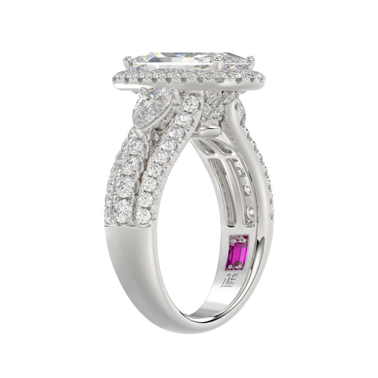 21K PLATINUM LADIES RING 3 1/2CT ROUND/PEAR/CUSHION/BAGUETTE DIAMOND (CENTER STONE CUSHION DIAMOND 2CT)