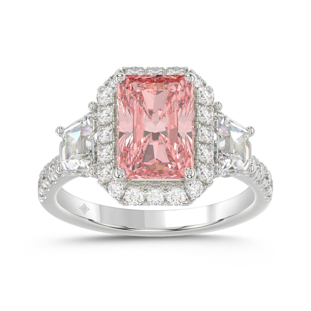 14K WHITE GOLD 4 1/4CT ROUND/RADIANT/TRAPEZOID DIAMOND LADIES RING (CENTER STONE PINK RADIANT DIAMOND 3.00CT)