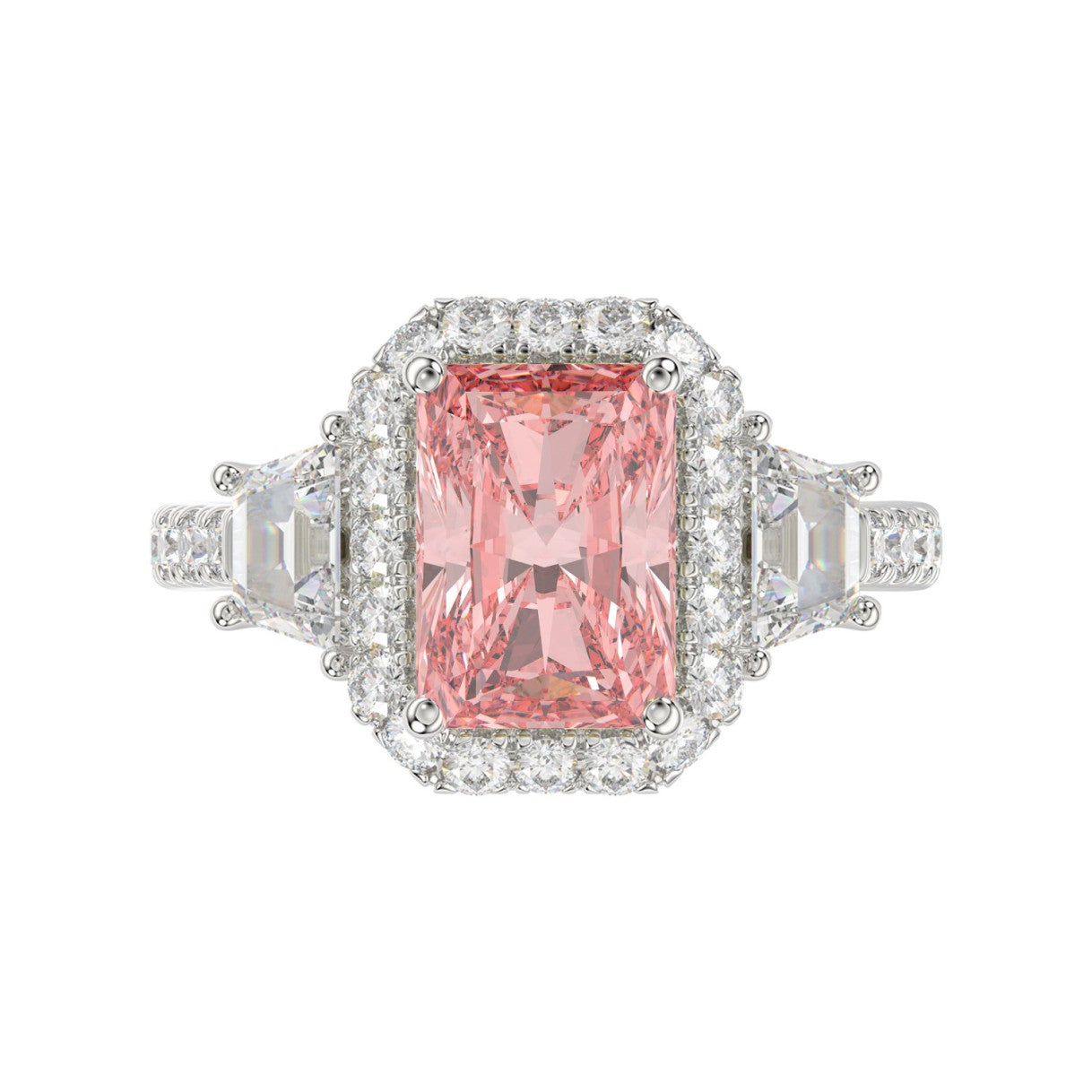 14K WHITE GOLD 4 1/4CT ROUND/RADIANT/TRAPEZOID DIAMOND LADIES RING (CENTER STONE PINK RADIANT DIAMOND 3.00CT)