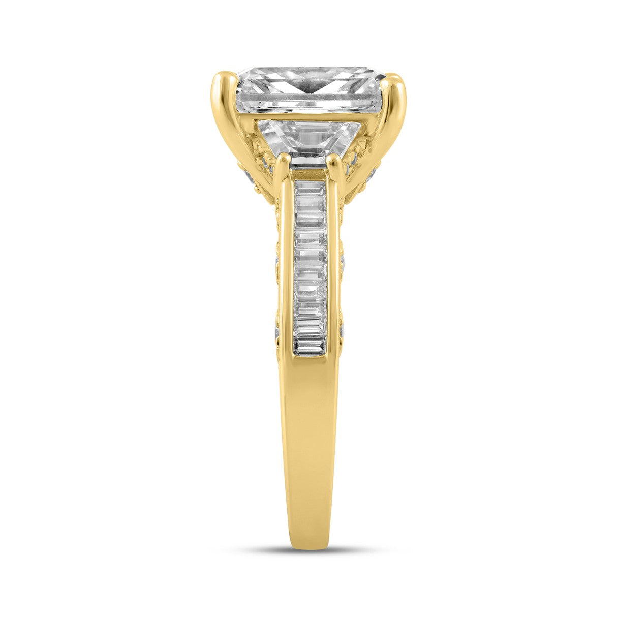 Luxury 14K Yellow Gold 4 1/4Ct Radiant & Round Lab Grown Diamond Engagement Ring 3.00Ct Radiant Center Stone With Trapezoid & Baguette Side Stones Trilogy Three Stone Ring For Women (Color F-G Clarity Vs1/Vs2)