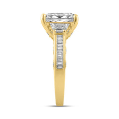 Luxury 14K Yellow Gold 4 1/4Ct Radiant & Round Lab Grown Diamond Engagement Ring 3.00Ct Radiant Center Stone With Trapezoid & Baguette Side Stones Trilogy Three Stone Ring For Women (Color F-G Clarity Vs1/Vs2)