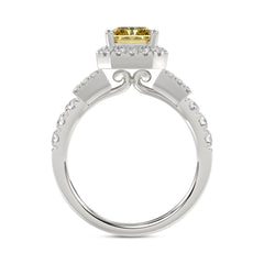 Luxury 14K White Gold 2.3/4Ct Round/Baguette & Radiant Lab Grown Diamond Engagement Halo Ring Yellow 2.00 Ct Radiant Cut Center