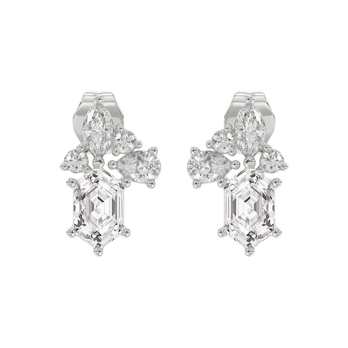 14K WHITE GOLD 1 1/2CT ROUND/MARQUISE/PEAR/HEXAGON STEP CUT LADIES EARRINGS