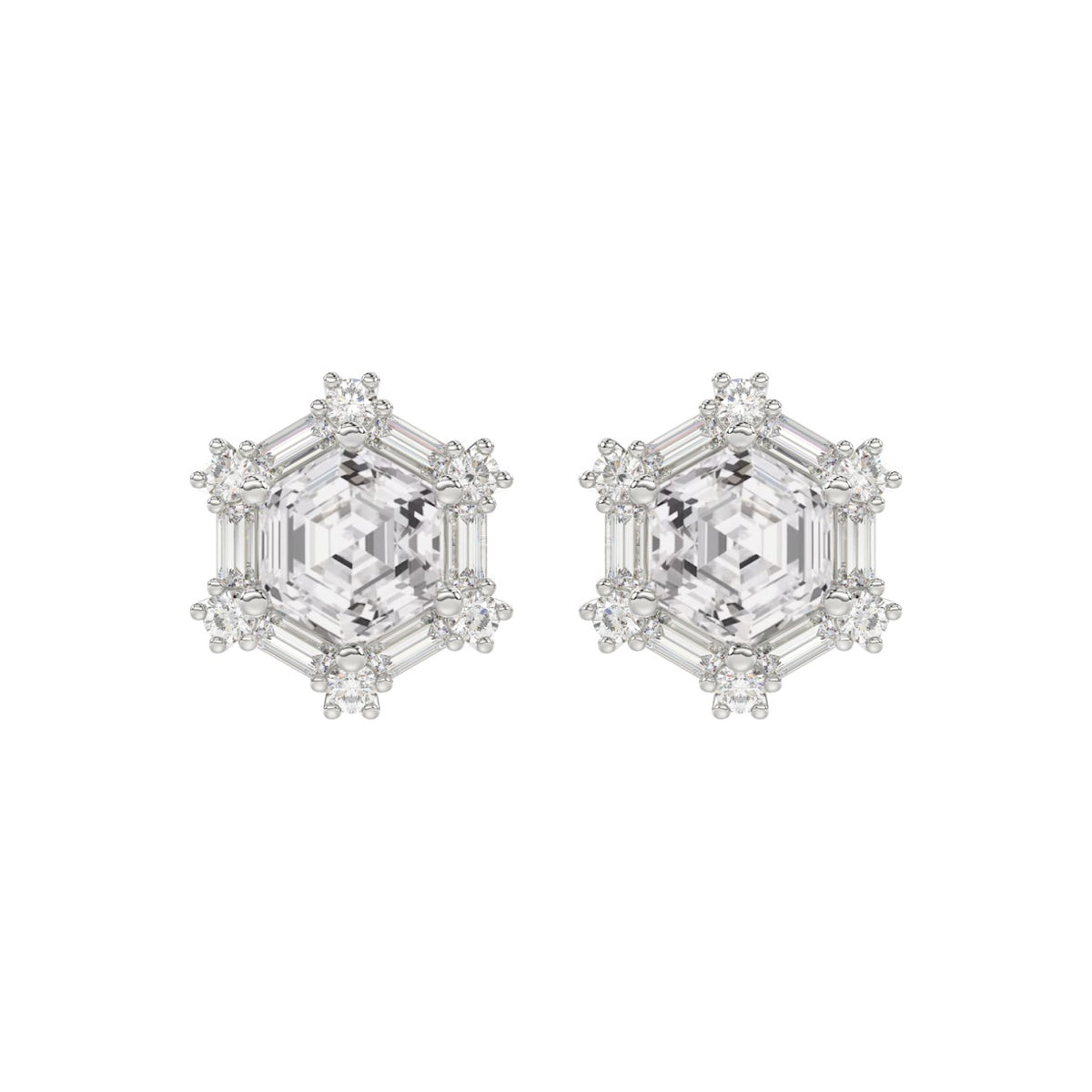 14K WHITE GOLD 1 1/4CT ROUND/BAGUETTE/HEZAGON STEP CUT DIAMOND LADIES EARRINGS