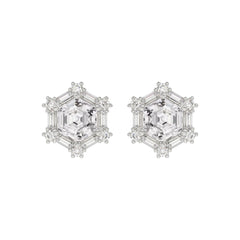 14K WHITE GOLD 1 1/4CT ROUND/BAGUETTE/HEZAGON STEP CUT DIAMOND LADIES EARRINGS