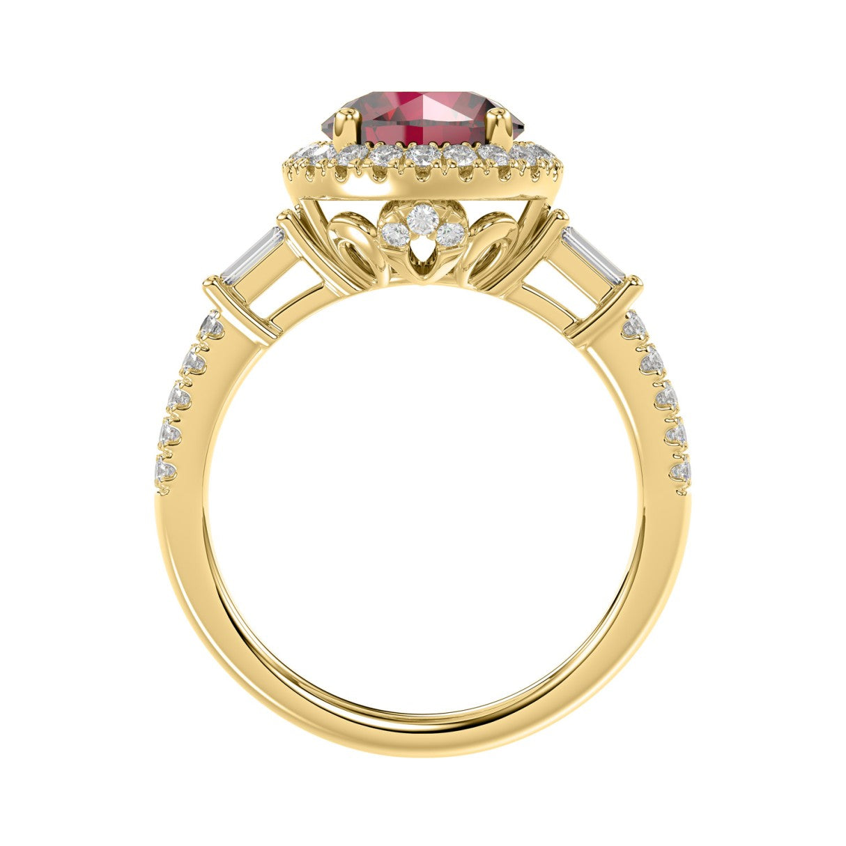 14K YELLOW GOLD 2 1/2CT ROUND/BAGUETTE DIAMOND LADIES RING (CENTER STONE ROUND RUBY DIAMOND 2CT)