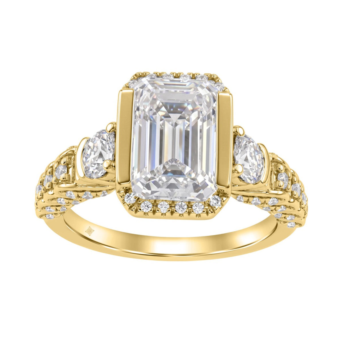14K Yellow Gold 4.00 Ct Round &amp; Emerald Cut Diamond Engagement Ring For Women With Side Round Diamond 3.00Ct Emerald Center Stone (Color F-G -Clarity Vs1/Vs2)