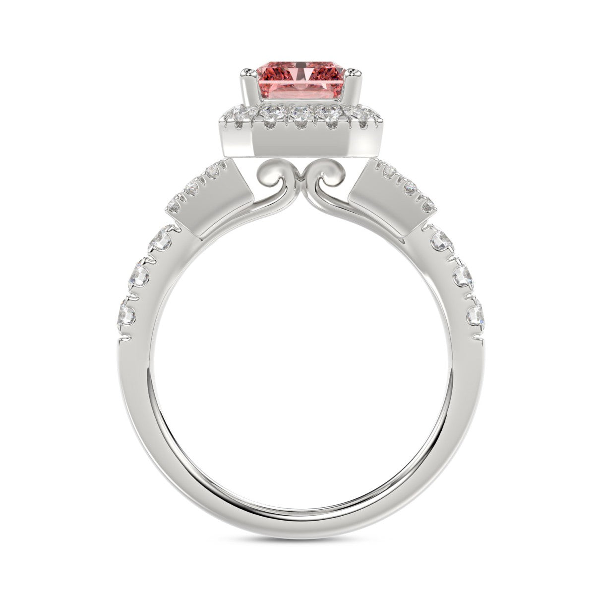 ETERNAL BLUSH COLLECTION 14K WHITE GOLD 2 3/4CT ROUND/BAGUETTE/RADIANT DIAMOND LADIES RING (CENTER STONE PINK RADIANT DIAMOND 2CT)