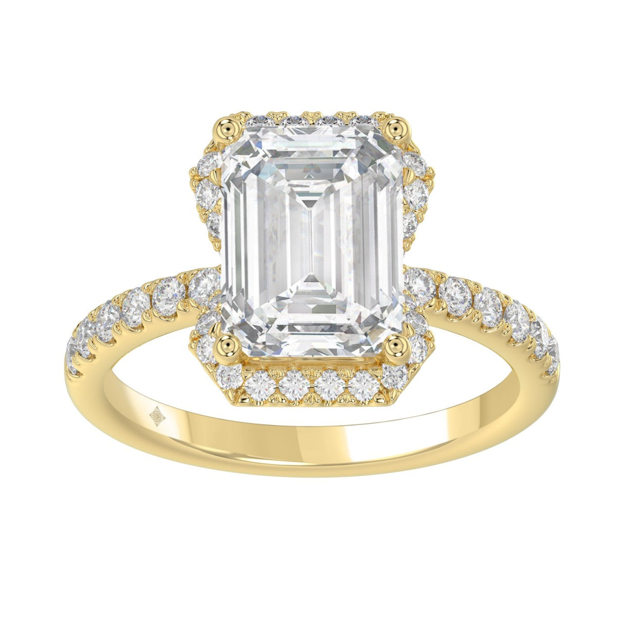 14K Yellow Gold 4 1/2CT ladies Round &amp; Emerald-cut diamond halo engagement Ring 4.00CT Emerald  Center stone (Color F-G -Clarity VS1/VS2)