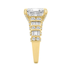 14K Yellow Gold Cushion Lab Grown Diamond Engagement Ring 5.00Ct With 4.00Ct Cushion Center Stone & Round/Baguette Side Stones (Color F-G Clarity Vs1/Vs2)