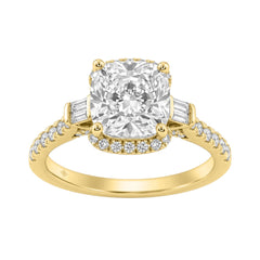 14K Yellow Gold 3 1/2Ct Cushion Cut & Baguette Lab Grown Diamond Halo Ring Round Side Stone Ladies Bridal Engagement Ring 3Ct Cushion Center Stone (Color F-G -Clarity Vs1/Vs2)