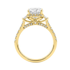 14K Yellow Gold 3 1/2Ct Cushion Cut & Baguette Lab Grown Diamond Halo Ring Round Side Stone Ladies Bridal Engagement Ring 3Ct Cushion Center Stone (Color F-G -Clarity Vs1/Vs2)