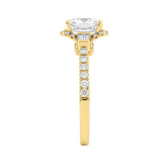 14K Yellow Gold 3 1/2Ct Cushion Cut & Baguette Lab Grown Diamond Halo Ring Round Side Stone Ladies Bridal Engagement Ring 3Ct Cushion Center Stone (Color F-G -Clarity Vs1/Vs2)