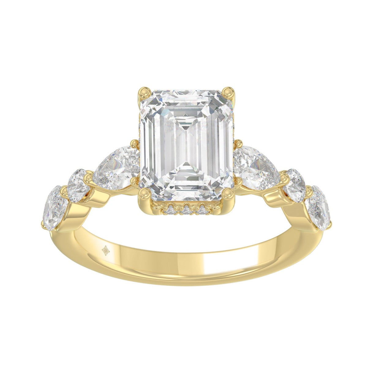 14K Yellow Gold Emerald Cut Diamond Classic Bridal Ring for Ladies 4.00CT with Pear Round &amp; Marquise Diamond 3.00CT Emerald Center stone (Color F-G -Clarity VS1/VS2)