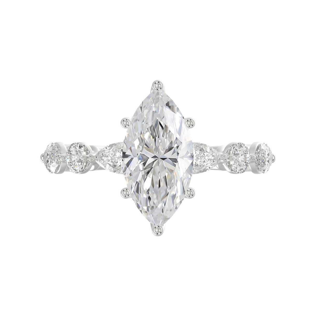 14K White Gold  Bridal Fashion Ring for Ladies 4CT Round &amp; Marquise&amp; Pear Cut Diamonds 3.00CT Marquise Center stone (Color F-G -Clarity VS1/VS2)