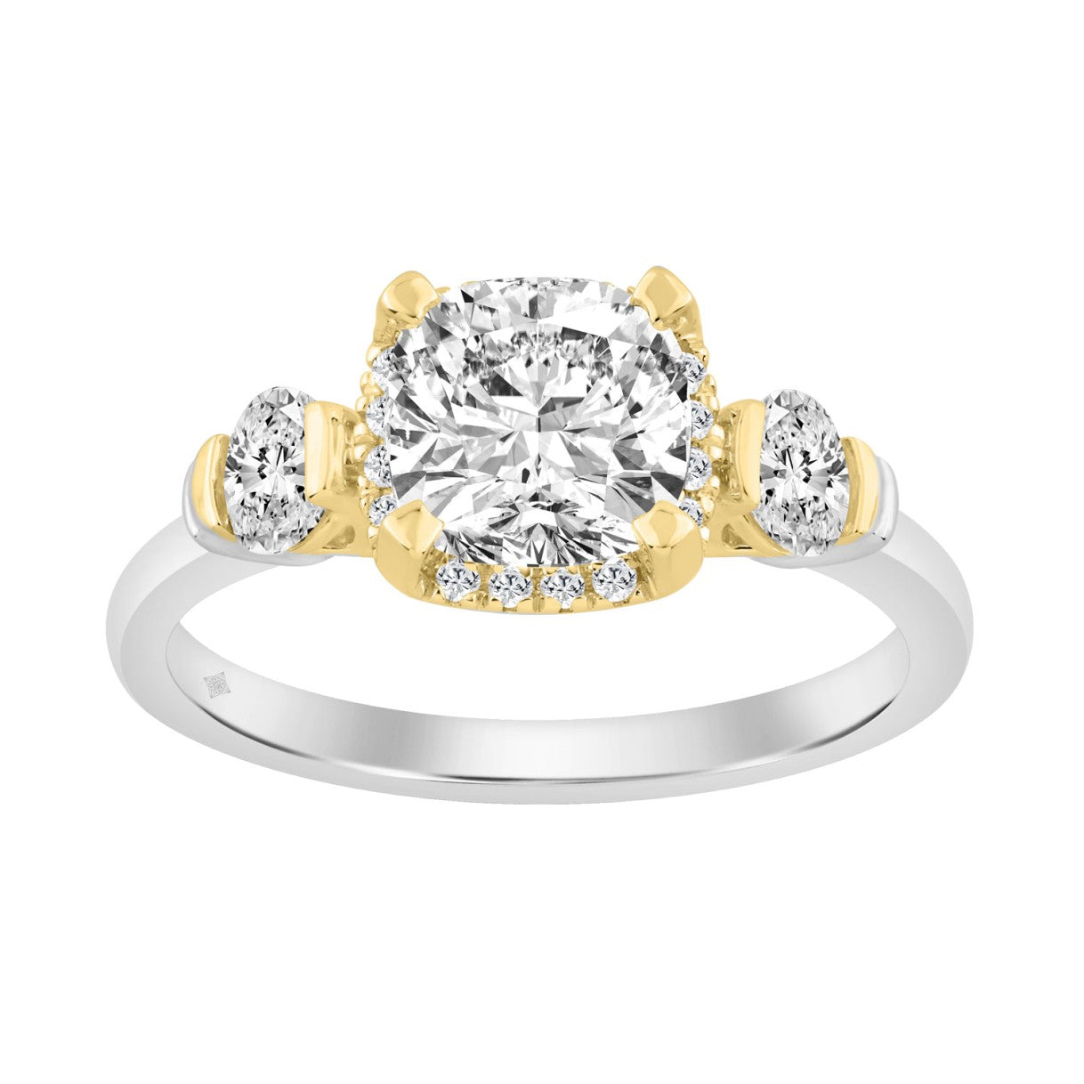 2 1/2 Ct Cushion Cut Lab-Grown Diamond Ladies Engagement Ring In 14K White/Yellow Gold Three-Stone With Round Side Stone & Oval 2Ct Cushion Center Stone (Color F-G -Clarity Vs1/Vs2)