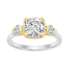 2 1/2 Ct Cushion Cut Lab-Grown Diamond Ladies Engagement Ring In 14K White/Yellow Gold Three-Stone With Round Side Stone & Oval 2Ct Cushion Center Stone (Color F-G -Clarity Vs1/Vs2)